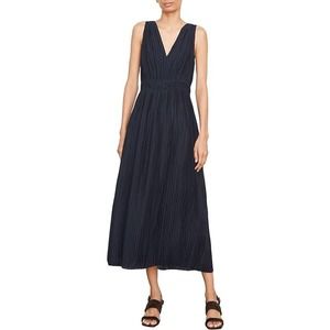 Vince Pleated Double V-Neck Midi Dress Sleeveless Navy Size L NWT